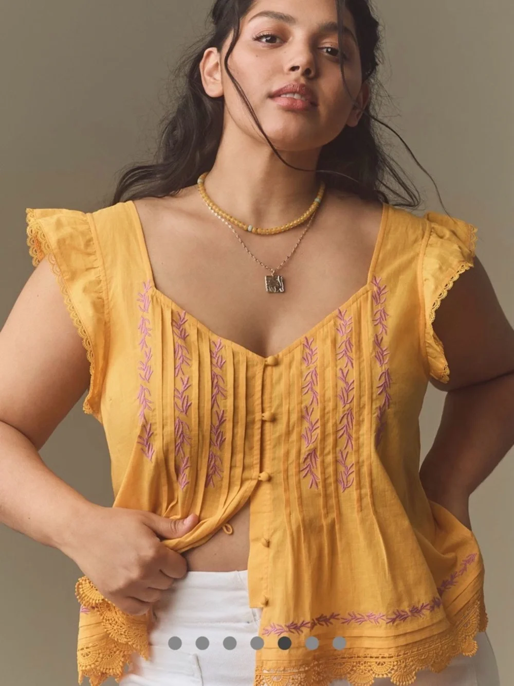 Women’s Yellow Embroidered Flutter Sleeve Top